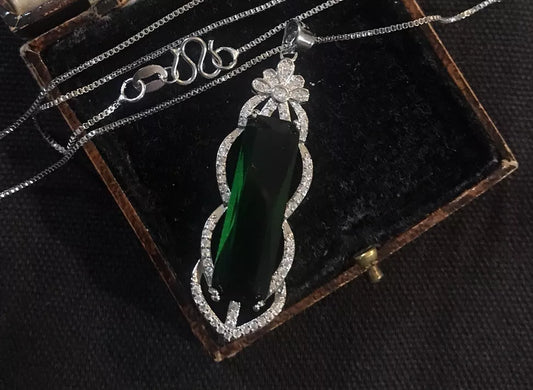 18K White Gold Plated Green Tourmaline And White Zircon Necklace - Vintage Style