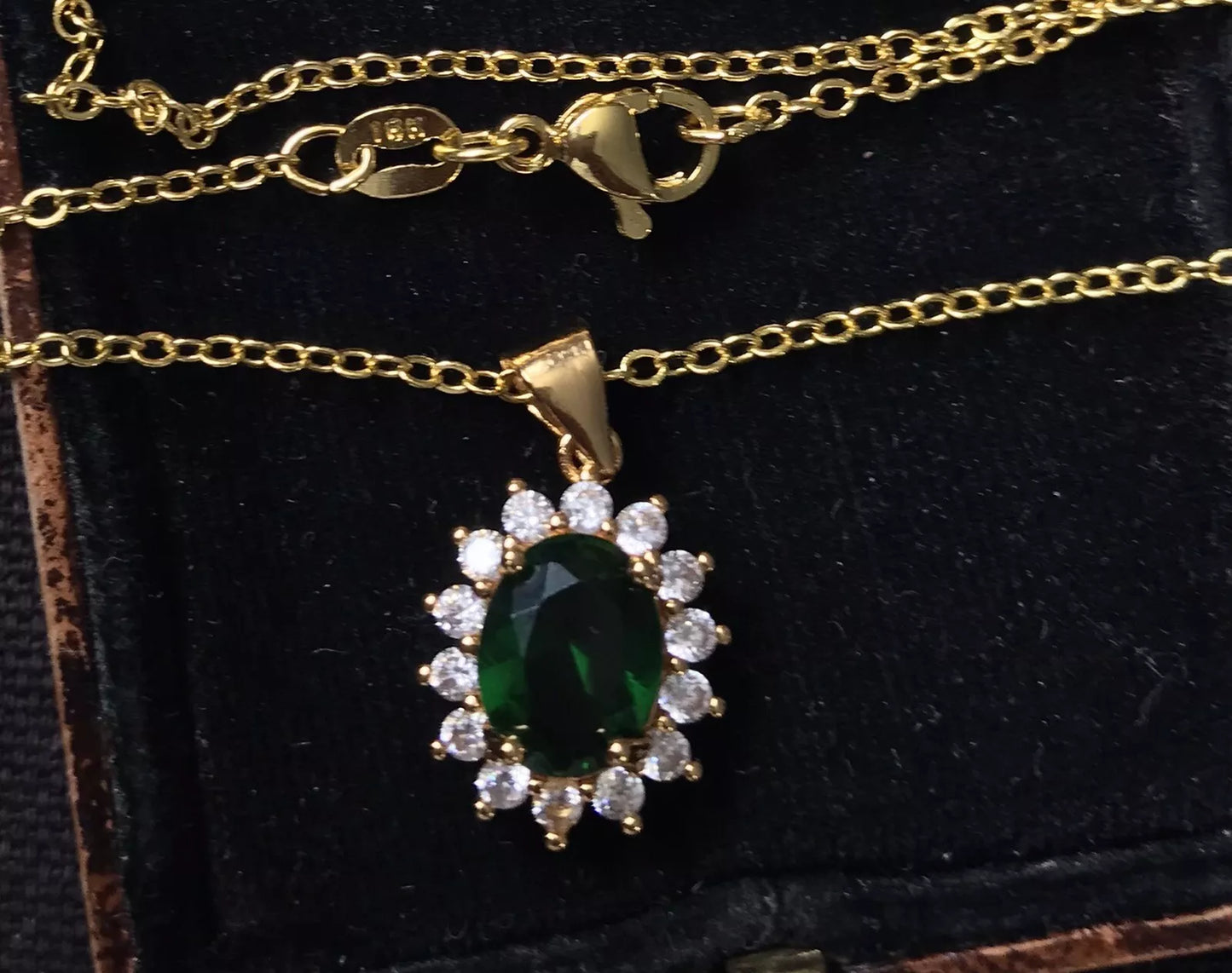 18K Gold Plated Green Tourmaline And White Zircon Necklace - Vintage Style