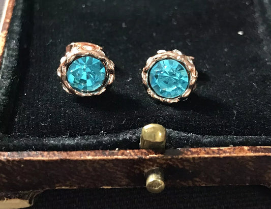 14K Rose Gold Plated Blue Gemstones And White Zircon Earrings - Vintage Style