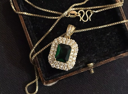 18K Gold Plated Emerald Color Tourmaline And Zircon Necklace - Vintage Style