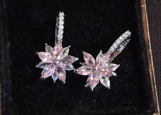 18K White Gold Plated Pink And White Crystal Earrings - Vintage Style