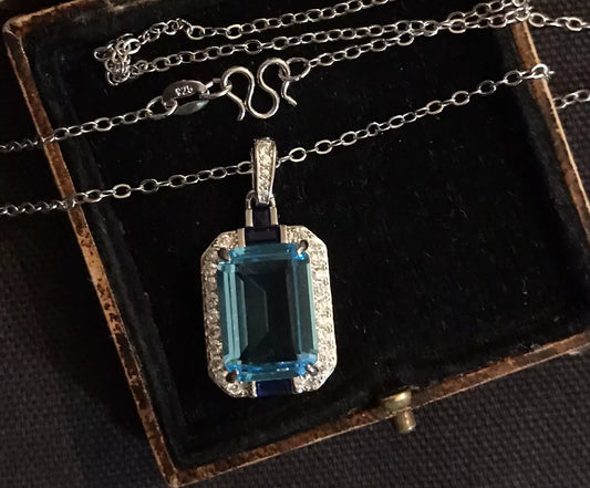 18K White Gold Plated Aquamarine Color Topaz And Crystal Necklace - Vintage Style