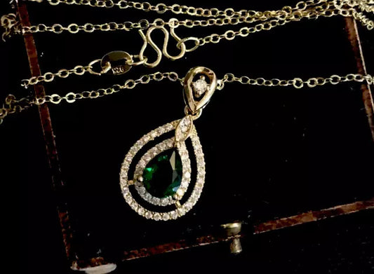 18K Gold Plated Green Tourmaline And White Zircon Necklace - Vintage Style