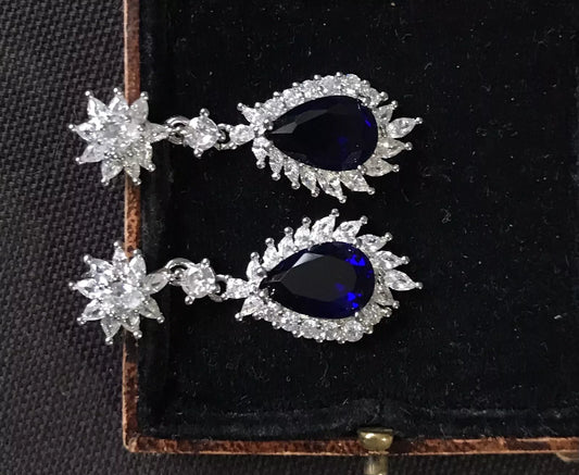 18K White Gold Plated Blue Tourmaline And White Crystal Earrings - Vintage Style