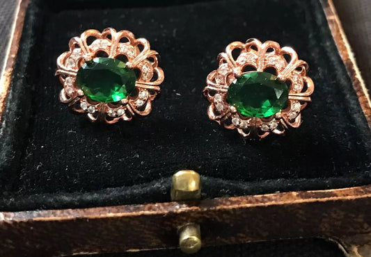 18K Rose Gold Plated Emerald Color Crystal Earrings - Vintage Style