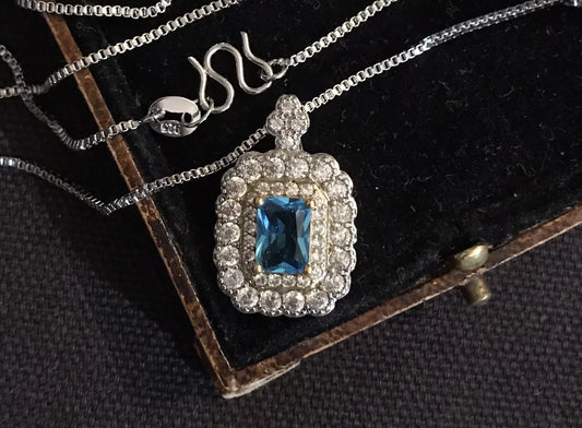 18K White Gold Plated Blue Topaz And Zircon Necklace - Vintage Style