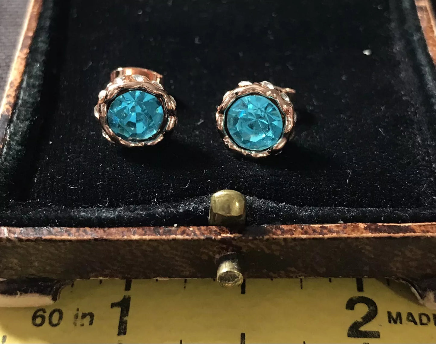 14K Rose Gold Plated Blue Gemstones And White Zircon Earrings - Vintage Style