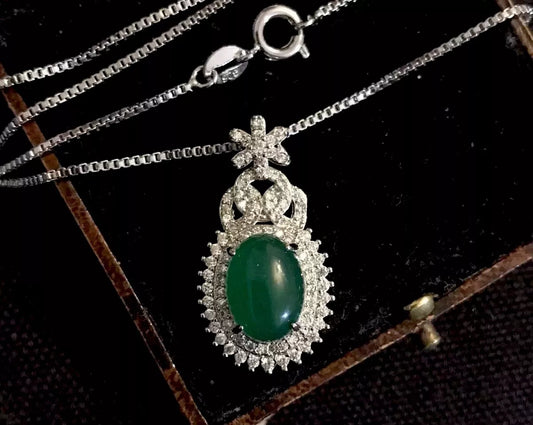 18K White Gold Plated Green Chrysoprase And White Crystal Necklace - Vintage Style