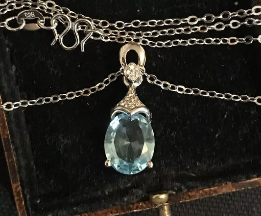 18K White Gold Plated Aquamarine Color Topaz And Zircon Necklace - Vintage Style