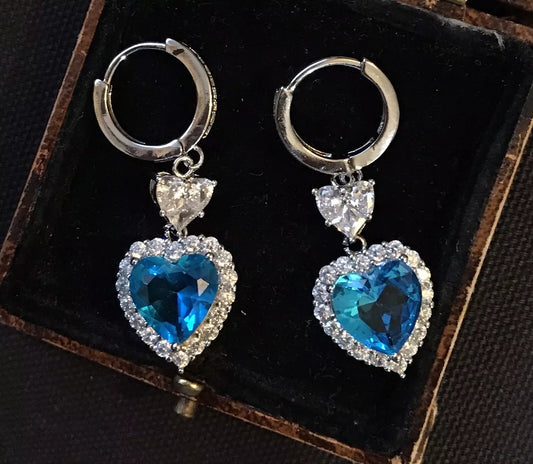 18K White Gold Plated Blue Topaz And Zircon Earrings - Vintage Style