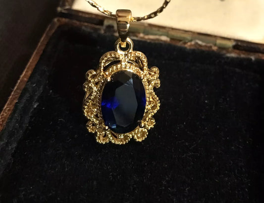 18K Gold Plated Blue Tourmaline Necklace - Vintage Style