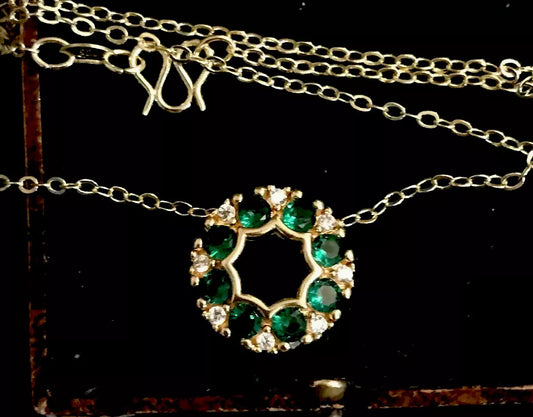 18K Gold Plated Green Crystal And White Zircon Necklace - Vintage Style