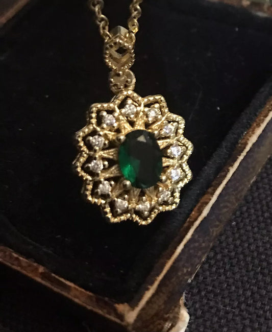 18K Gold Plated Green Tourmaline And White Crystal Necklace - Vintage Style