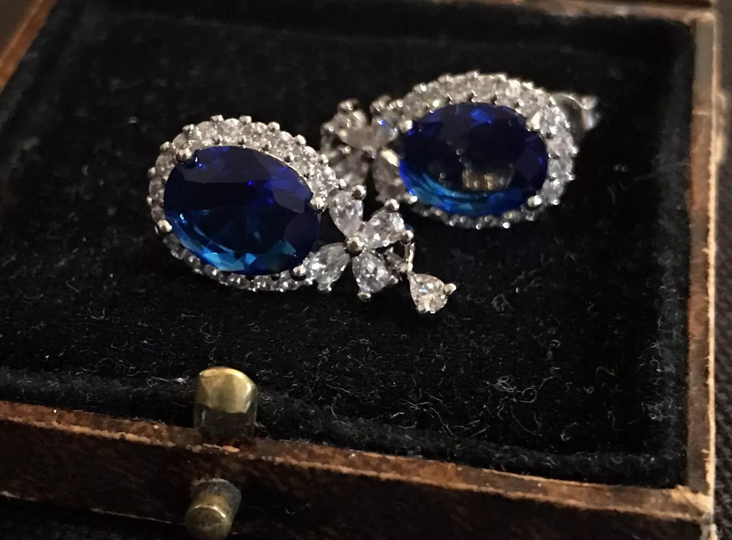 18K White Gold Plated Blue Tourmaline And White Crystal Earrings - Vintage Style