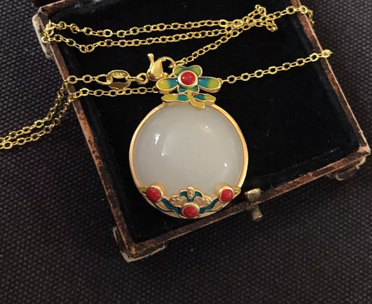 18K Gold Plated White Chalcedony And Enamel Necklace - Vintage Style