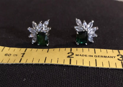 18K White Gold Plated Green And White Crystal Earrings - Vintage Style