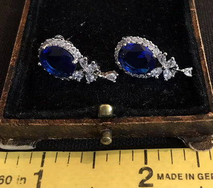 18K White Gold Plated Blue Tourmaline And White Crystal Earrings - Vintage Style