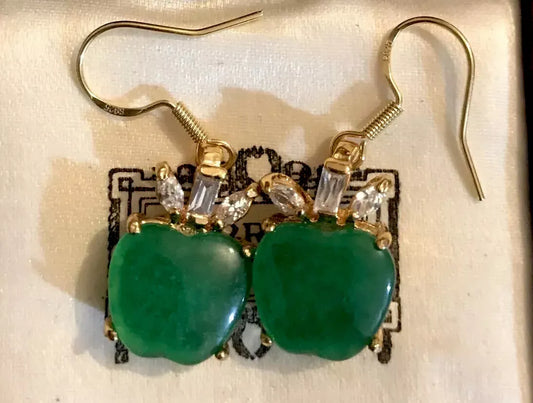 18K Gold Plated Natural Jade And Crystal Earrings - Vintage Style