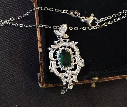 18K White Gold Plated Green Tourmaline And White Crystal Necklace - Vintage Style