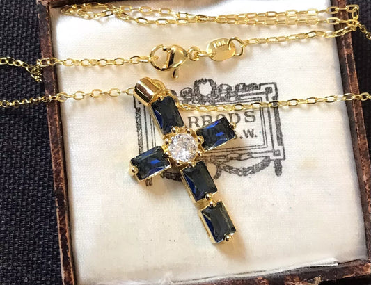 18K Gold Plated Blue Crystal Necklace - Vintage Style