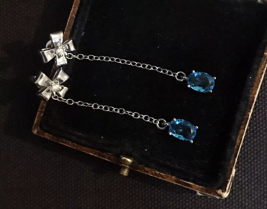 18K White Gold Plated Blue Topaz And White Zircon Earrings - Vintage Style