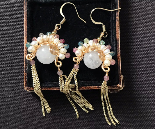 18K Gold Plated Natural Chalcedony And Pearl Earrings - Vintage Style