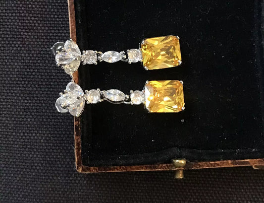 18K White Gold Plated Yellow Zircon And White Crystal Earrings - Vintage Style