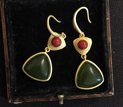 18K Gold Plated Natural Green Chrysoprase And Red Agate Earrings - Vintage Style