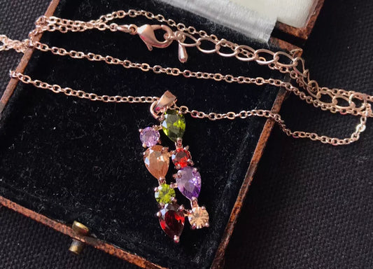 14K Rose Gold Plated Multicolor Assorted Gemstones Necklace - Vintage Style