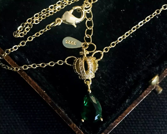 18K Gold Plated Green Tourmaline And White Gems Necklace - Vintage Style