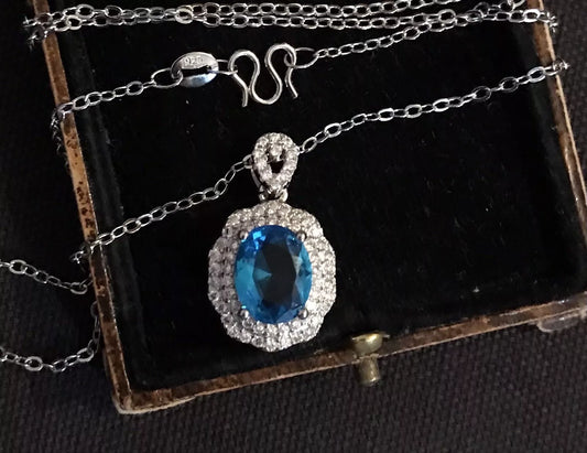 18K White Gold Plated Blue Topaz And White Zircon Necklace - Vintage Style